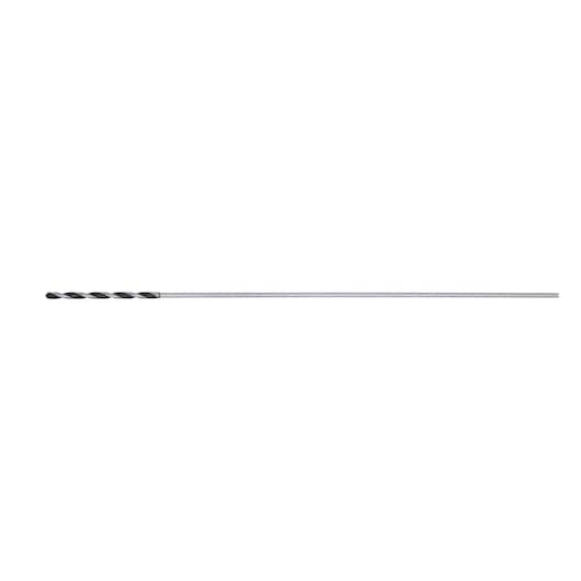 A long, thin metal drill bit with a twisted tip, designed for precise drilling applications. The background is plain white.