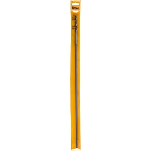 A long DEWALT drill bit in yellow packaging, labeled with 10mm and designed for wood drilling.