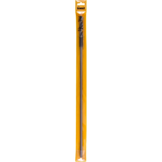 A DEWALT DT4874 long black drill bit in its yellow plastic packaging, shown vertically.