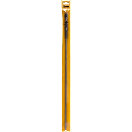 A DEWALT long drill bit in yellow plastic packaging, shown vertically. The bit is designed for drilling in wood or similar materials.