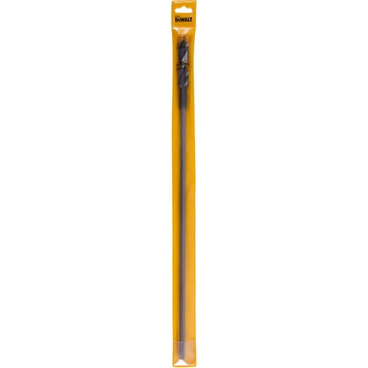 A DEWALT drill bit in its original yellow packaging, shown vertically. The drill bit is long and designed for professional use.