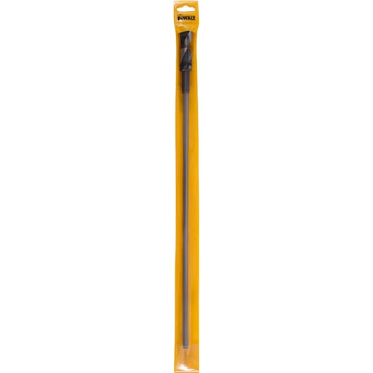A DEWALT branded long drill bit in a yellow plastic packaging, photographed against a white background.