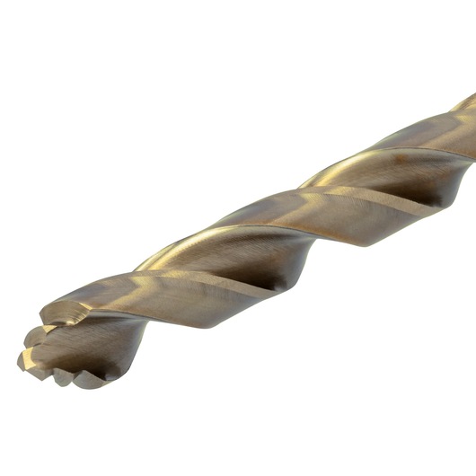 Close-up view of a metallic twist drill bit, showing the cutting edges and spiral flutes against a white background.