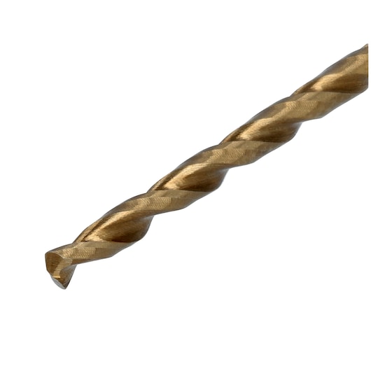 Close-up view of a gold-colored twist drill bit on a white background.