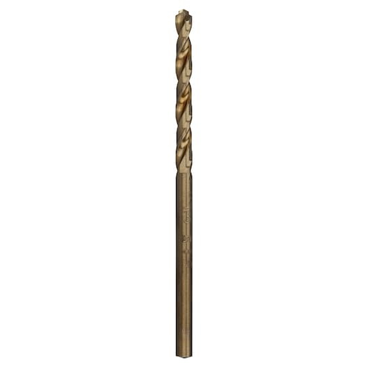 A single gold-colored DEWALT metal drill bit shown vertically against a white background.