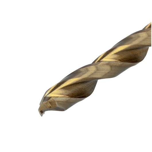 Close-up view of a metal drill bit with a gold-colored finish, showing the sharp tip and spiral grooves against a white background.
