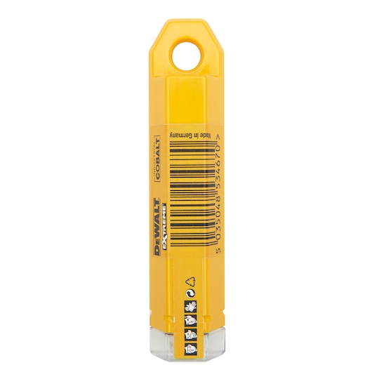 A yellow DEWALT-branded plastic container for industrial cobalt drill bits. The label includes a barcode, recycling symbol, safety icons, and the text 'Made in Germany.' The packaging has a hanging hole at the top.