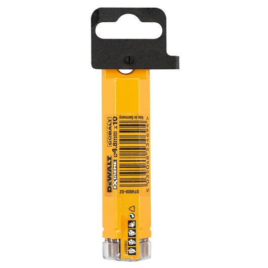 A yellow DEWALT packaging for cobalt drill bits, model DT4928. The package is rectangular with a black hanging hook at the top. The barcode and product information are visible on the front.