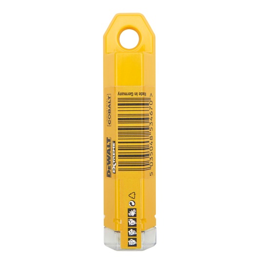 A yellow DEWALT-branded plastic container for cobalt drill bits, featuring a hanging hole at the top, barcode, safety symbols, and product information printed in black.