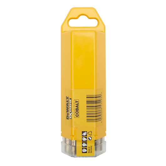 A yellow plastic DEWALT branded container, labeled 'EXTREME COBALT', with a barcode and recycling symbols at the bottom. The packaging is designed for industrial drill bits.