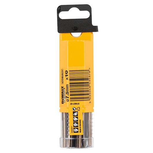 DEWALT DT4937 pack of 10 cobalt drill bits, 7.5mm, in yellow packaging with barcode and hanging hook.