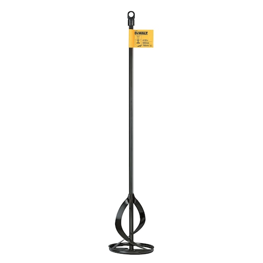 A DEWALT DT4951 mixing paddle with a black metal shaft and two curved mixing blades, used for mixing materials such as paint or mortar. The product has a yellow DEWALT label near the top.