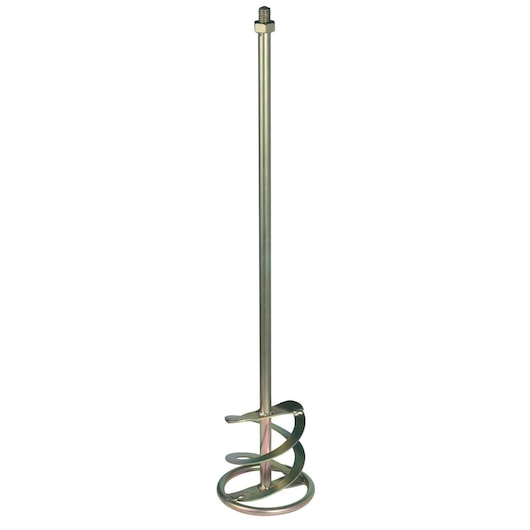 A metal mixing paddle with a spiral blade, typically used for mixing construction materials such as paint, mortar, or adhesives. The paddle has a threaded end for attachment to a power tool.