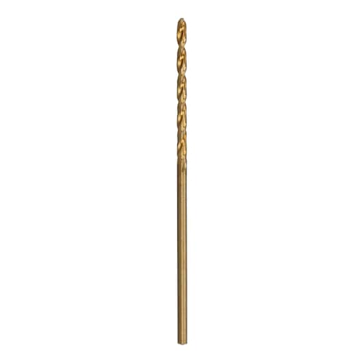 A single gold-colored DEWALT drill bit standing upright, shown against a white background.