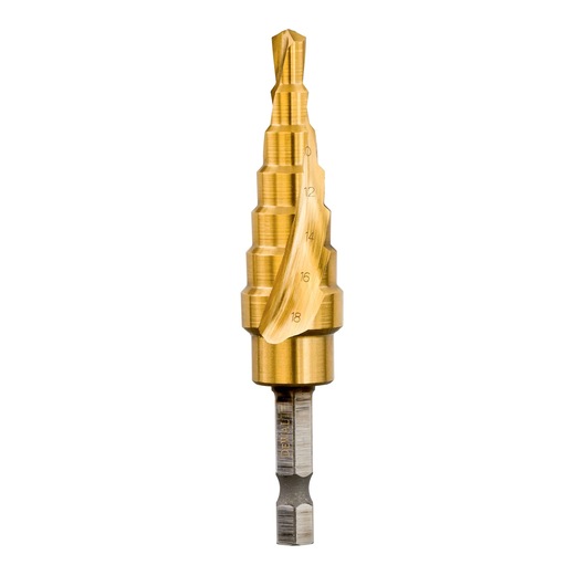 A DEWALT DT5027 step drill bit with a gold-colored finish, featuring multiple stepped sections and engraved size markings, designed for drilling holes of various diameters.