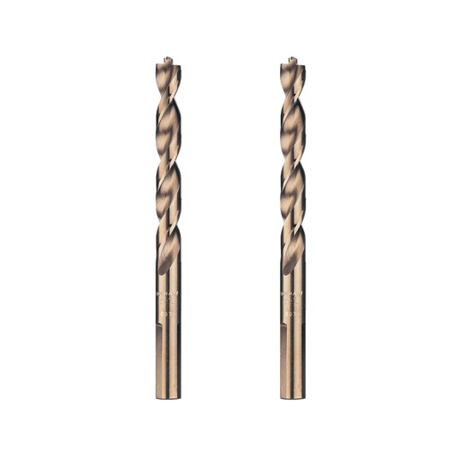Pair of DEWALT gold metal drill bits with spiral flutes, shown upright on a white background.