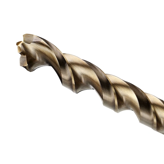 Close-up view of a metallic drill bit with spiral grooves, photographed against a white background.