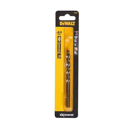 Packaged DEWALT Extreme drill bit, model DT5053, 8.5 mm diameter. The product is shown in a yellow and black blister pack.