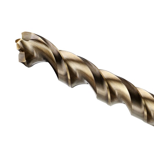 Close-up of a DEWALT drill bit with a spiral flute design, showing the cutting tip and metallic finish.