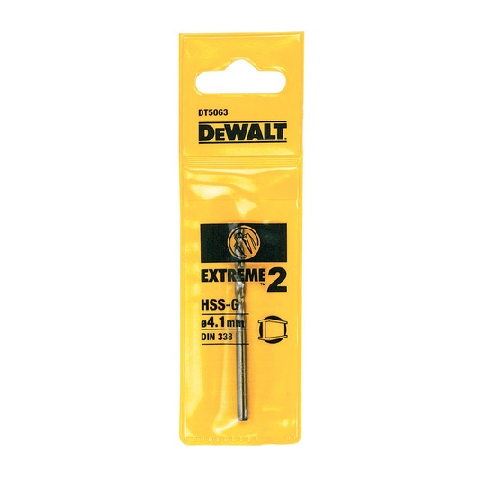 DEWALT DT5063 drill bit in yellow packaging, labeled Extreme 2 HSS-G, 4.1 mm diameter, for metal drilling.
