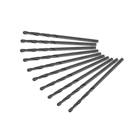 A set of ten black metal drill bits arranged in a fan shape on a white background.