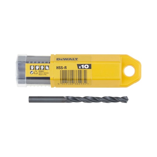 A DEWALT DT5147 HSS-R drill bit set, showing a yellow plastic case labeled 'DEWALT HSS-R x10' and a single metal drill bit placed in front of it.