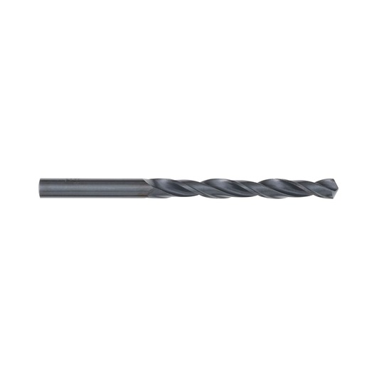 A single black metal twist drill bit displayed on a white background.