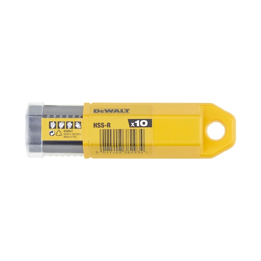 A yellow plastic pack of DEWALT HSS-R drill bits, containing 10 pieces, with a visible barcode, safety symbols, and clear cap.