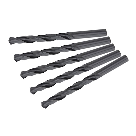 Set of five DEWALT black twist drill bits arranged in a fan shape on a white background.