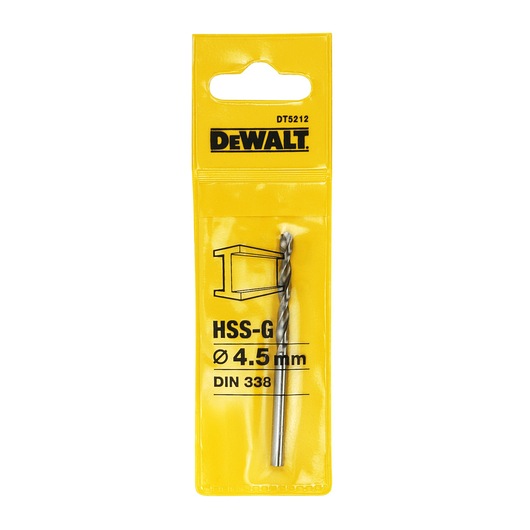 DEWALT DT5212 HSS-G 4.5 mm metal drill bit in yellow packaging, suitable for precision drilling tasks.