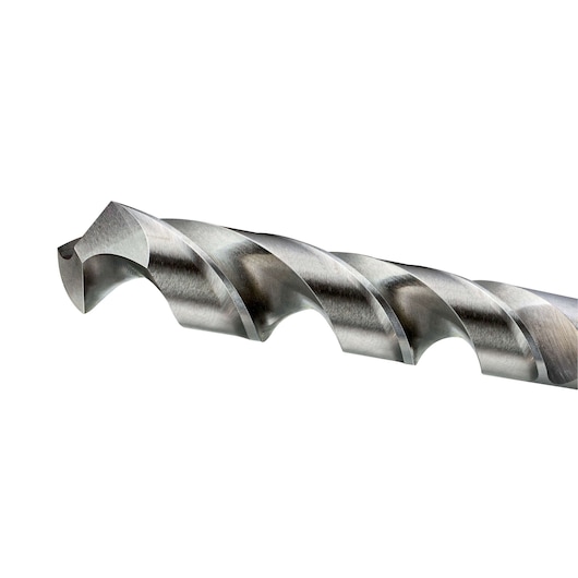 Close-up image of a metallic drill bit with spiral flutes and a sharp cutting edge, used for drilling into materials.