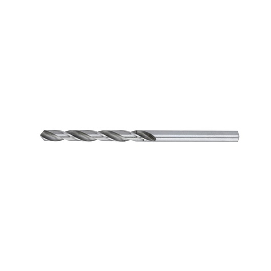 A silver metal drill bit with a straight shank and spiral flutes, shown on a plain white background.