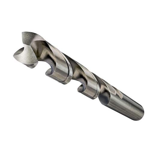 Close-up of a metallic drill bit with spiral grooves, shown on a white background.