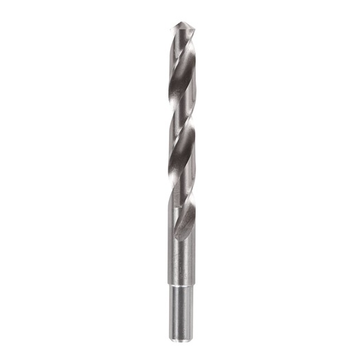 A single metal drill bit with spiral flutes, shown vertically against a white background.