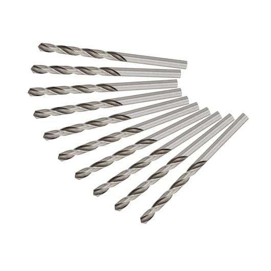 Set of ten DEWALT metal drill bits arranged in a fan shape on a white background.