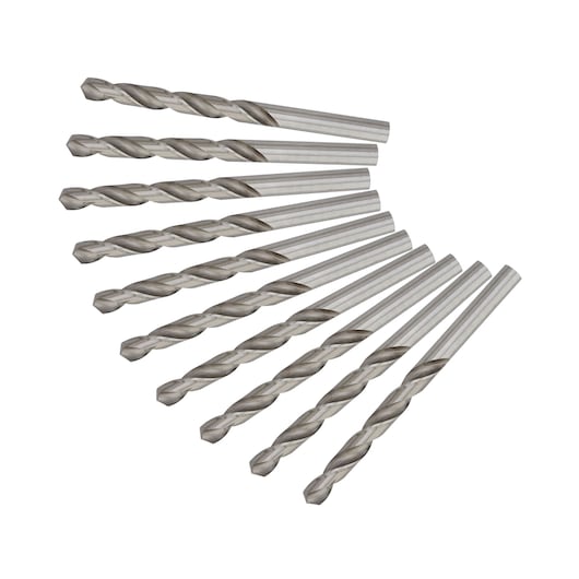 Set of ten silver metal drill bits arranged in a fan pattern on a white background.