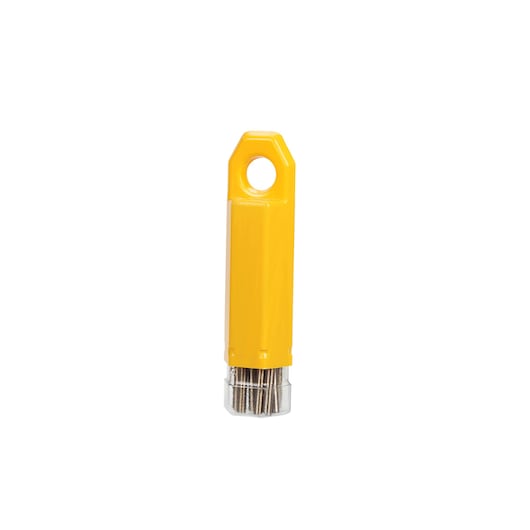 Yellow plastic container holding a set of small metal drill bits, with a hole at the top for hanging.