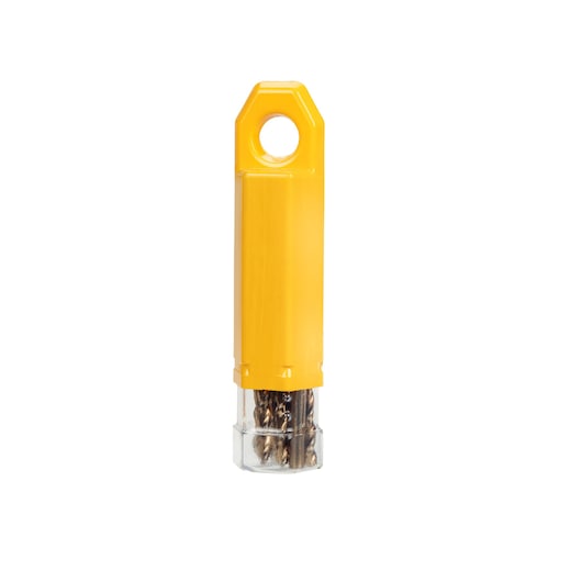 A yellow plastic container with a clear bottom holding a set of small metal drill bits. The container has a hole at the top for hanging.