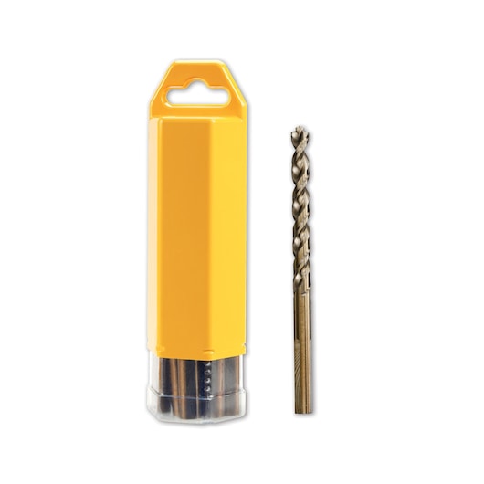 A metal drill bit and its yellow plastic storage case shown side by side on a white background.