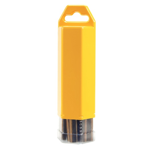 Yellow plastic container holding metal drill bits, with a clear base and a handle for hanging.