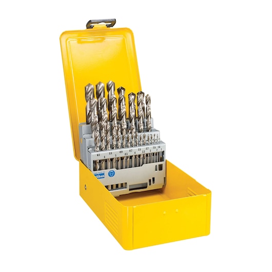 DEWALT drill bit set in a yellow metal box with various sizes organised upright, box lid open.