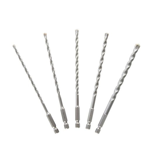 Five DEWALT hex shank masonry drill bits arranged in a fan shape on a white background.