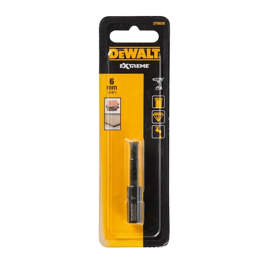 Packaged DEWALT Extreme 6 mm (1/4") drill bit, SKU DT6038, designed for masonry and stone drilling applications. The packaging is black and yellow with DEWALT branding.