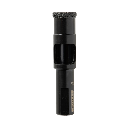 A DEWALT branded black hole saw drill bit with a gritty cutting edge, designed for precision drilling in tough materials. The shaft is engraved with the DEWALT logo and the size marking '1/2'.