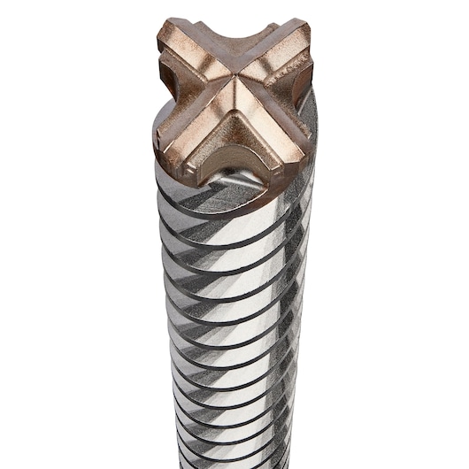 Close-up view of the tip of a DEWALT DT60811 masonry drill bit, featuring a cross-shaped carbide cutting head and spiral fluting.