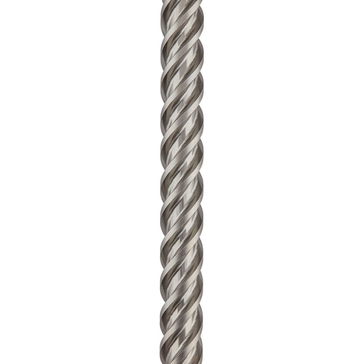 Close-up image of a metallic drill bit with a twisted spiral design against a white background.