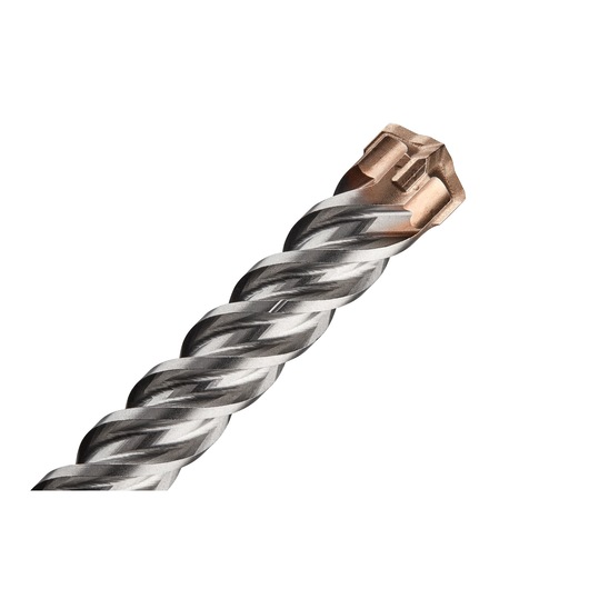 Close-up of a metal drill bit with a twisted design and a copper-colored tip on a white background.