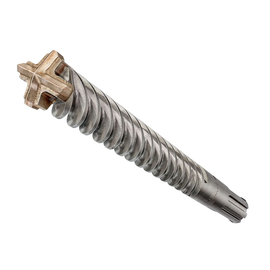 A close-up view of a metal masonry drill bit with a spiral, fluted shaft and a cross-shaped carbide tip, set against a plain white background.