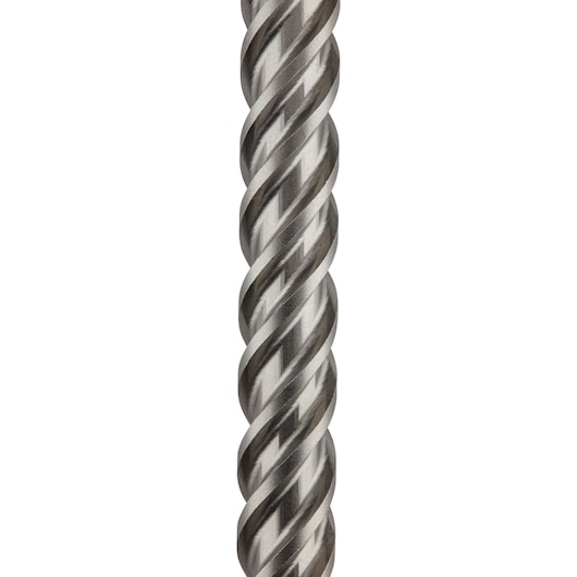 Close-up of a metallic spiral drill bit against a white background.