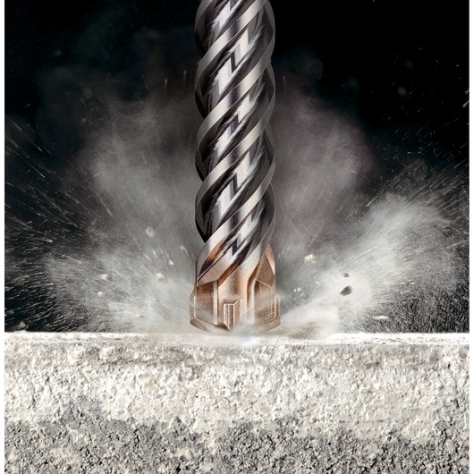 DEWALT DT60820, DT60820-QZ drill bit impacts concrete with dust spray, Photography product shot.